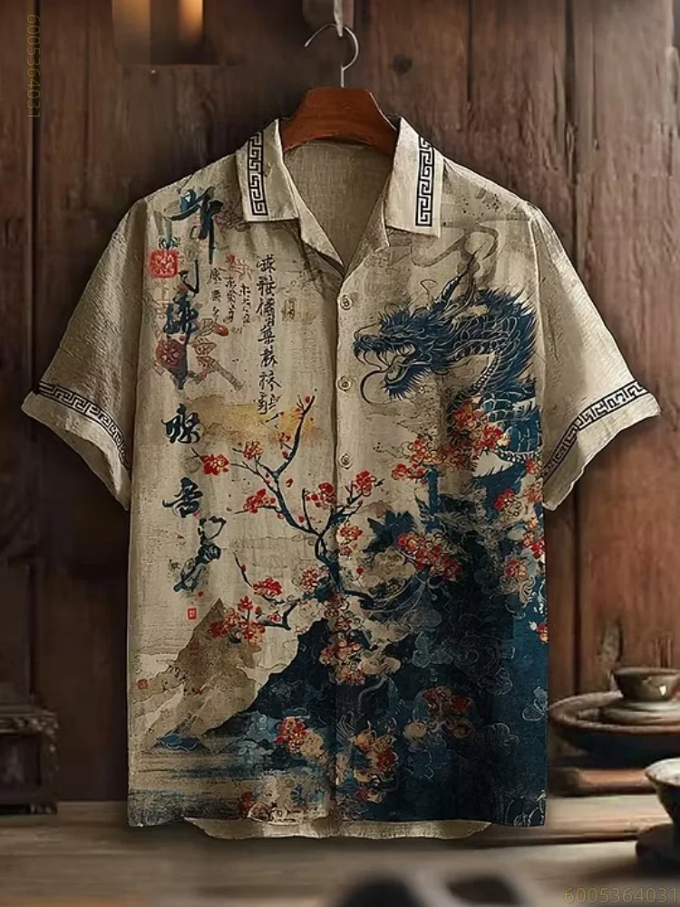 Men's wave print Hawaiian men's short-sleeved shirt for parties, vacations, comfortable, stylish, trendy, and versatile tops.