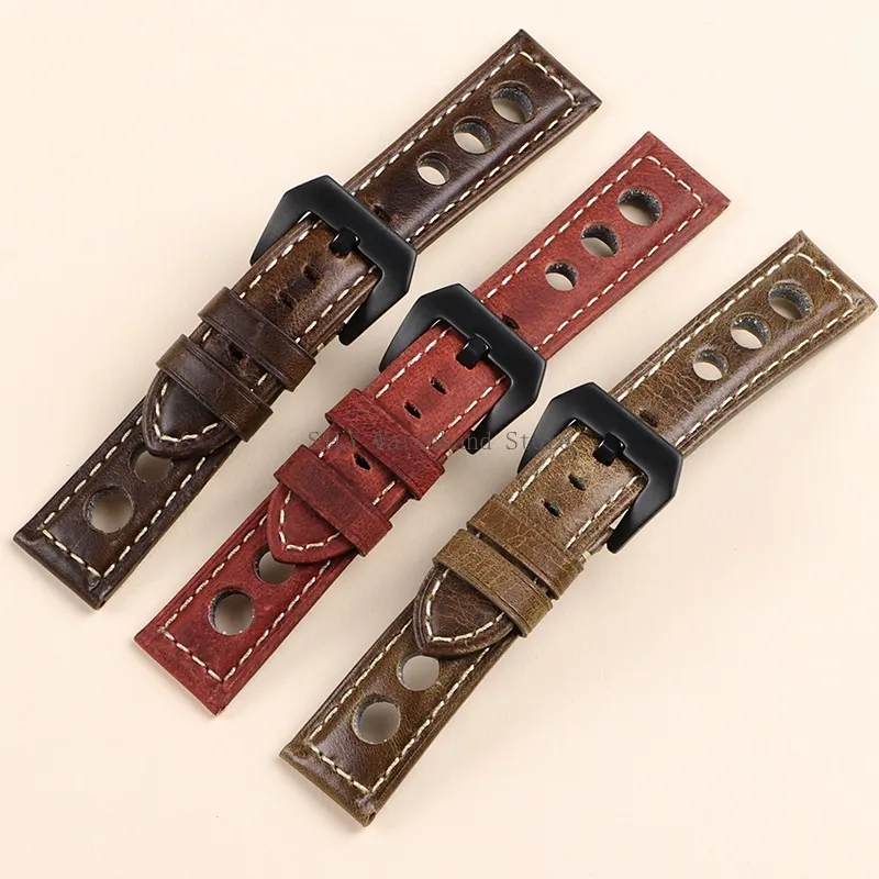 20/22/24mm Cowhide Leather Watch Band Vintage Breathable Leather Straps Universal Waterproof Bracelets Retro Men Women Wristbelt