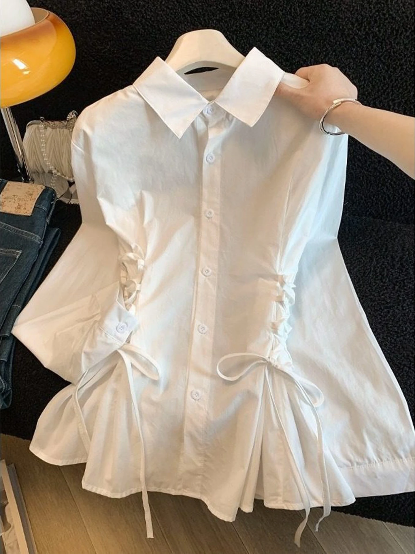 

White Neck Shirt Women's Slim Fit Pleated Waist Cinching Knot Spring Fashion Casual Korean Style Cotton Blend