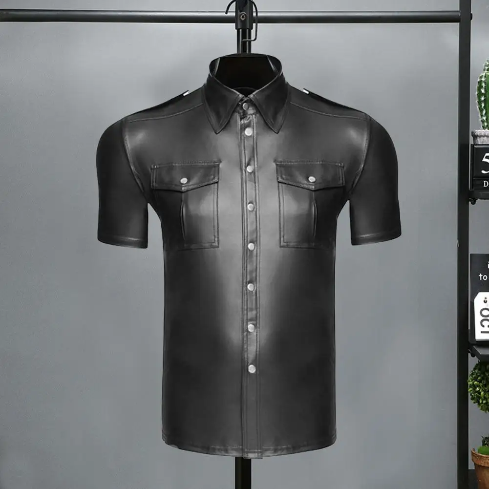 Slim Fit Black Shirt Men Stylish Men's Faux Leather Performance Shirt Breathable Mid-length Turn-down Collar for Nightclub Dance