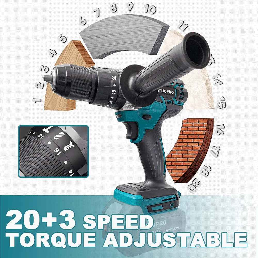 PATUOPRO 13MM Brushless Electric Impact Drill 20+3 Torque Cordless Screwdriver Ice Drill Power Tools For Makita 18V Battery