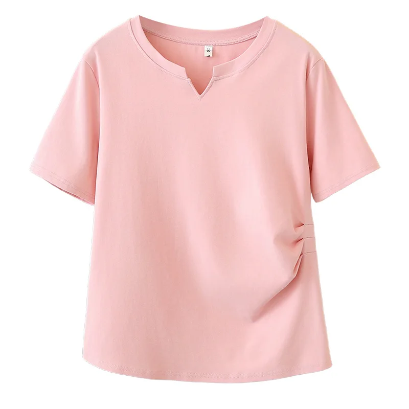 

Летняя хлопковая футболка больших размеров 2026 для женщин: V-образный вырез, присборенная талия, облегающий крой, повседневный универсальный топ для пышных дам 2610