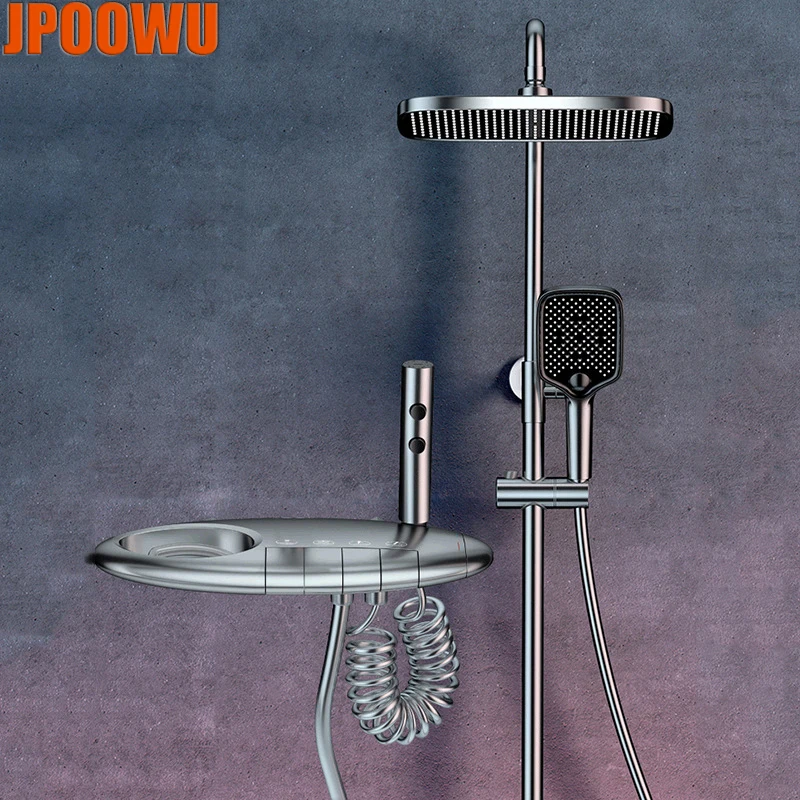 

Hot Cold Rain Shower Mixer Faucet Bathroom Wall Mount SPA Rainfall Bath Tap Bathtub Round Rod Modern Luxury Gun Gray Faucets Set