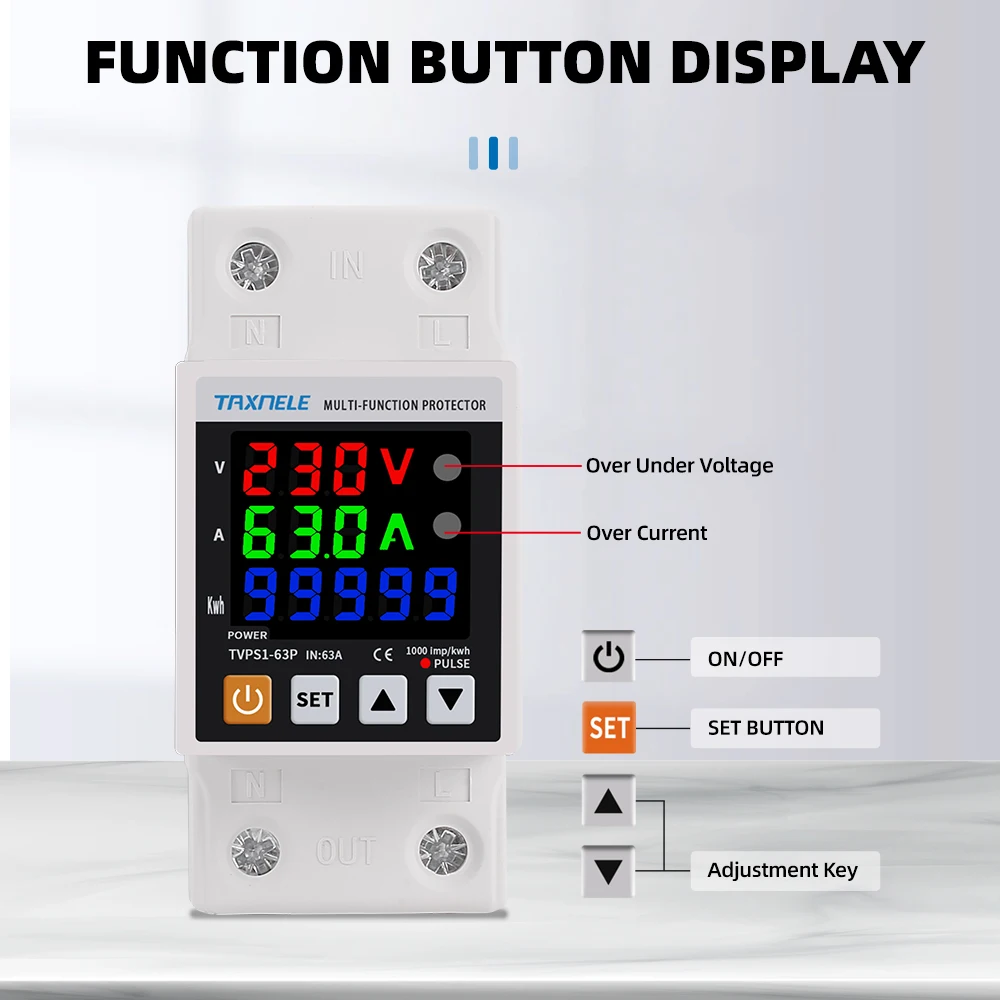 Display 3 in1 guida Din regolabile su sovratensione relè di protezione contro le sovratensioni protezione da sovracorrente misuratore di potenza Kwh