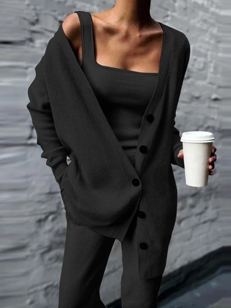 

Women Solid Knitted 3 Pices Set Cardigan Tops Tank Top And Casual Loose Long Pants Chic Suit Tracksuit Fall Winter
