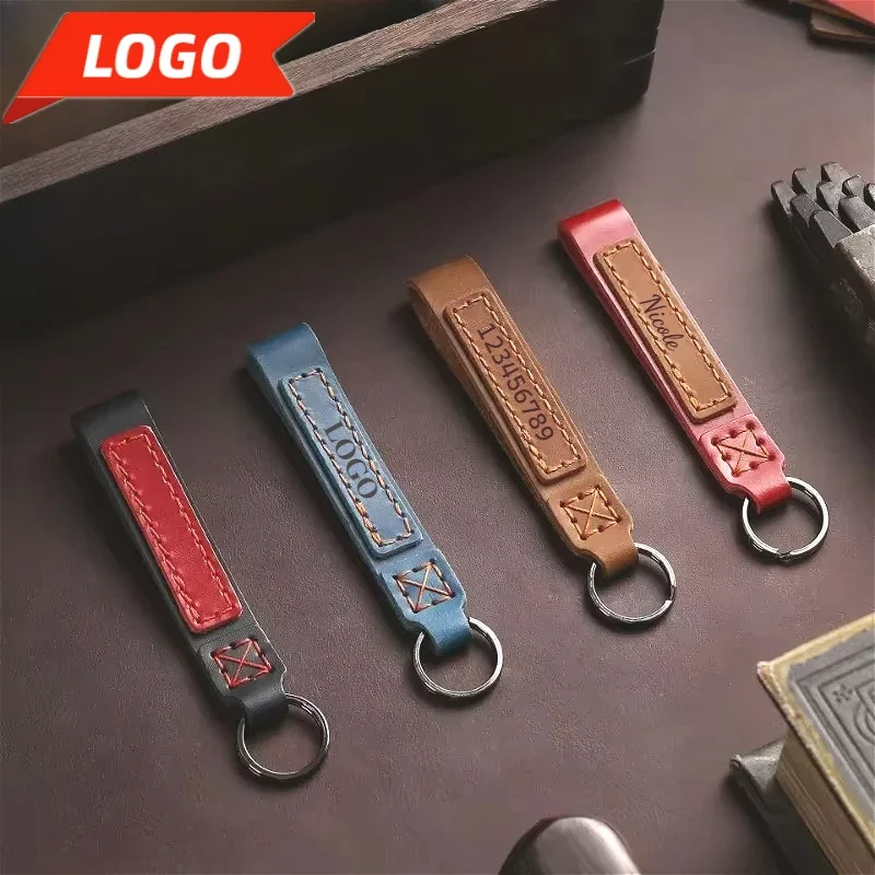 

Custom LOGO Genuine Leather Keychain Vintage Car Keyring Personalize Laser Engrave Name Dermis Key Chain Holder for Men Women