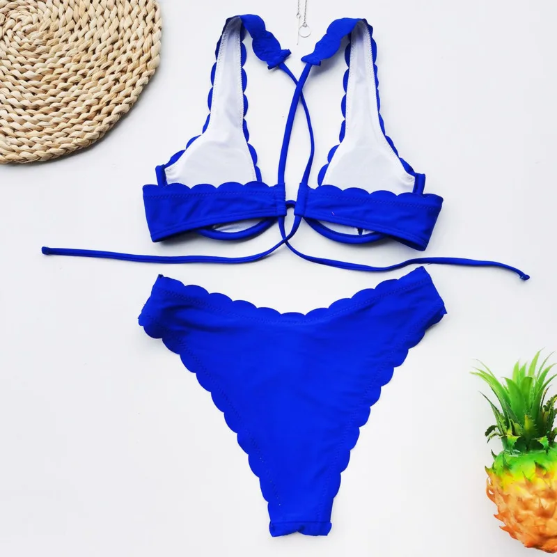 Sexy Ruffle Thong Swimwear Girl Summer Push Up Biquini Dwuczęściowe kostiumy kąpielowe Underwire Bikini Set Micro Solid Swimsuit Women