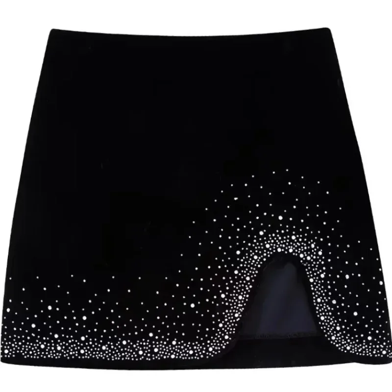 Women's Fashion Sequin Design Irregular Velvet Miniskirt Street Style Women's Fashion Side Slit Hip Wrap Skirt Korean Clothing