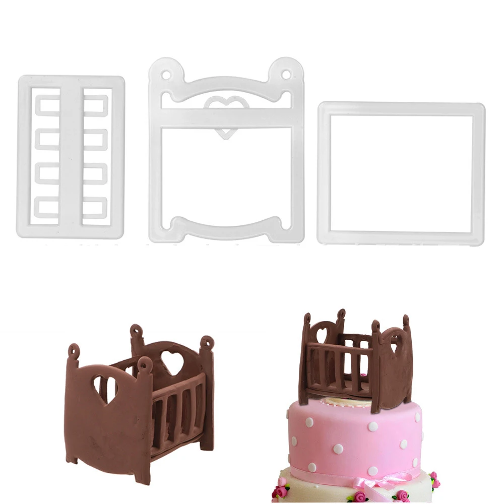 3Pcs 3D Baby Bed Shape Plastic Fondant Cutter Cookie Cutter Cake Mold Chocolate Sugarcraft Mold Decorating Tools