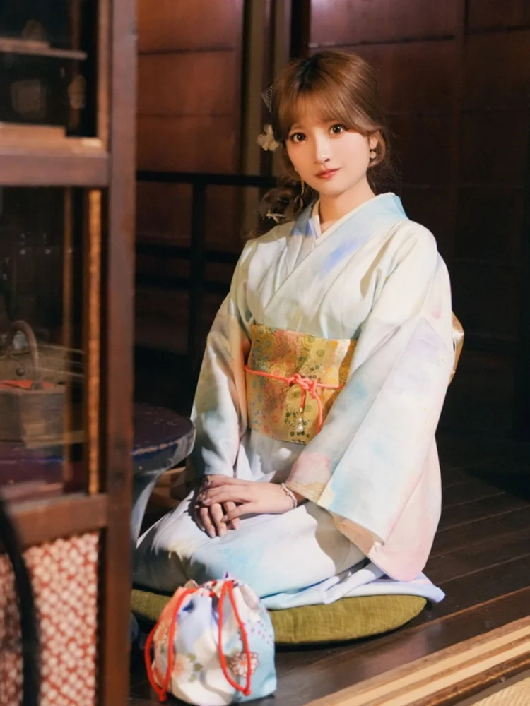 

Japan Style Women's Traditional Kimono with Obi Formal Yukata Photography Long Dress Cosplay Costume