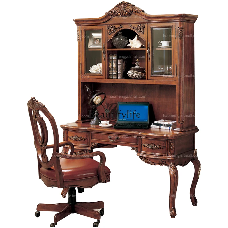 

American solid wood desk office computer European one-piece bookshelf combination custom