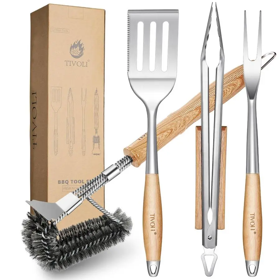 

4 шт. аксессуары для гриля, сверхмощный набор инструментов для барбекю с лопаткой из нержавеющей стали, щипцами, вилкой, щеткой для чистки, деревянными ручками Barbe