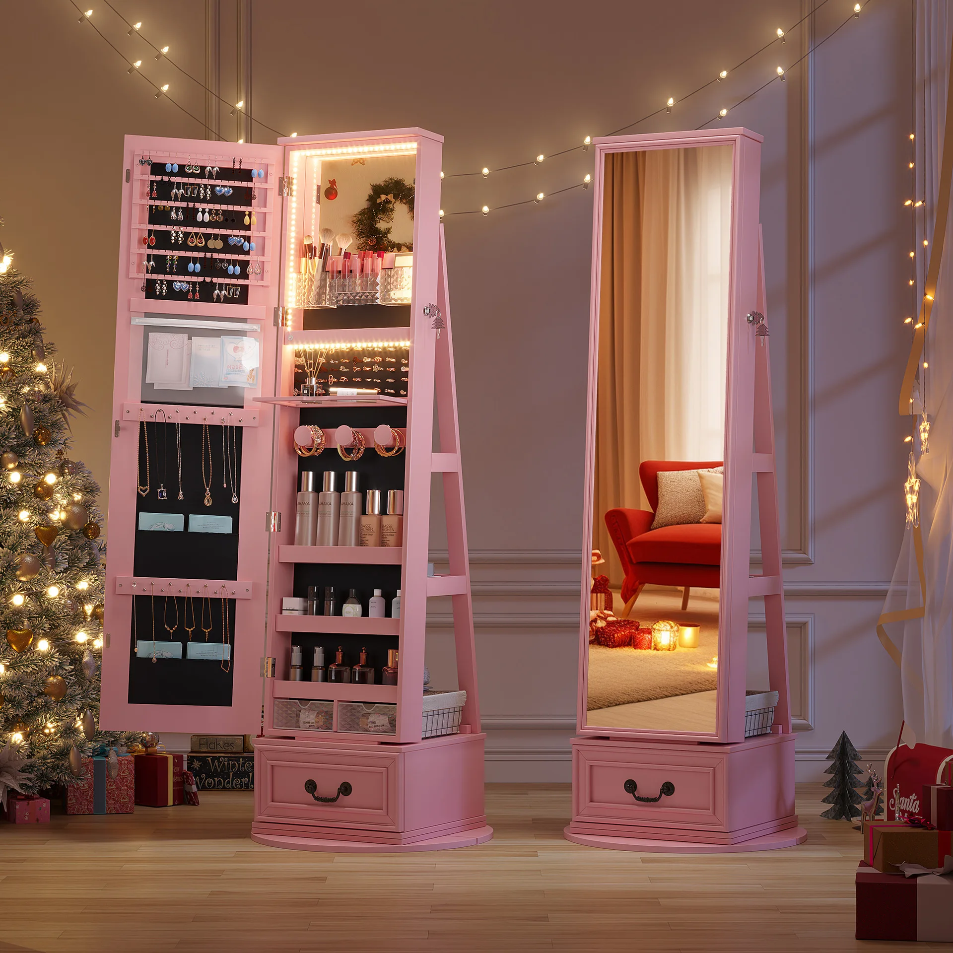 LED light full body floor mirror, 360 ° rotating locker with drawers, lockable bedroom jewelry storage cabinet