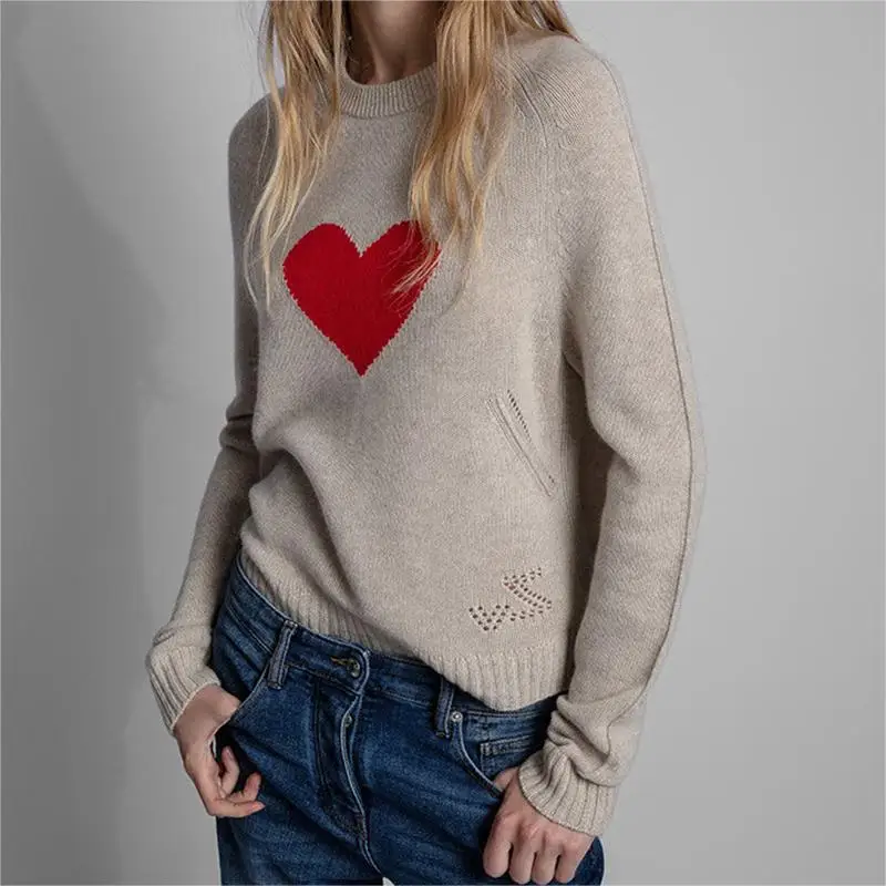 Zadig Heart Sweaters Embroidery Women Sweaters Autumn Winter 0-Neck Long Sleeve Knitted Female Sweatshirt Khaki Pullover Tops