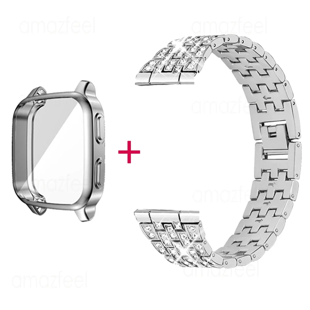 2in1 الماس حزام + حالة الشاشة ل Garmin Venu SQ الموسيقى Venu SQ 2 الفرقة سوار معدني الفولاذ المقاوم للصدأ حزام الساعات حزام ساعة اليد