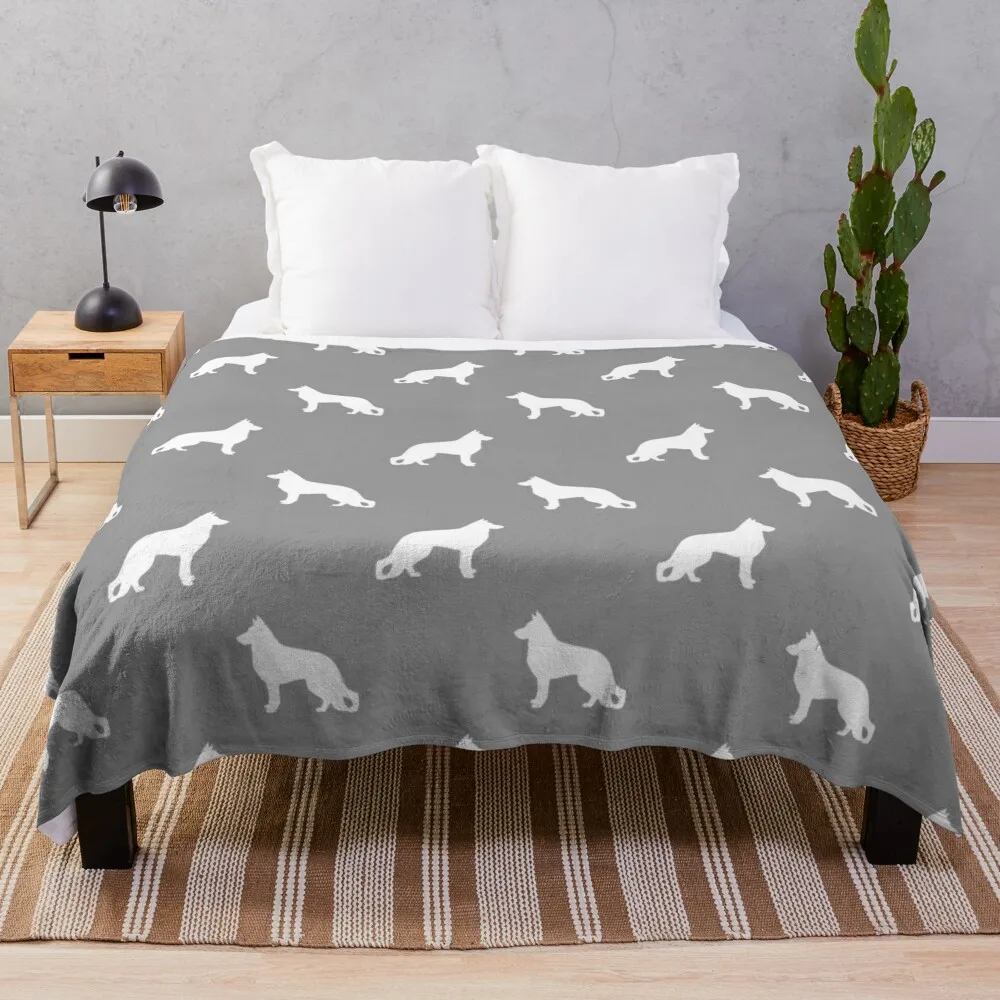 

White German Shepherd Dog Silhouette Throw Blanket Soft Plush Plaid Beach Blankets