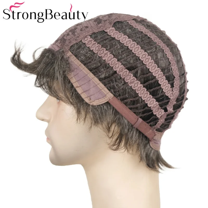 شعر مستعار قصير مستقيم للرجال من سترونج بيوتي، شعر مستعار صناعي طبيعي أسود/رمادي بدون غطاء مقاوم للحرارة #6