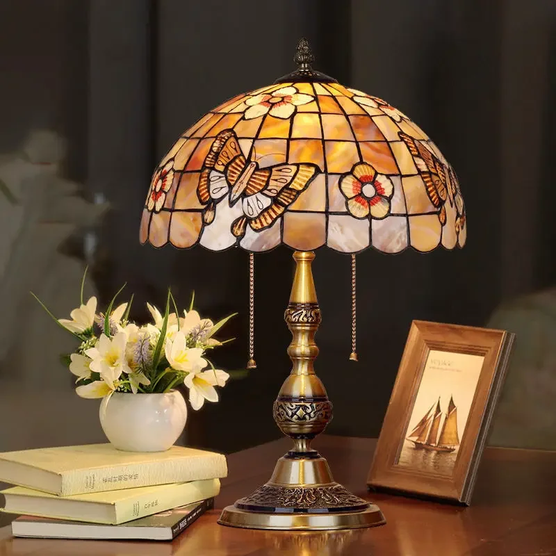 SEAN Modern Brass Tiffany Table Lamp LED European Retro Luxury Creative Shell Desk Light for Home Living Room Bedroom