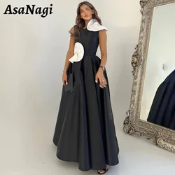 AsaNagi Elegant A-line Prom Dress Women's One Shoulder White Flower Party Evening Gowns Black Ankle Length Special Occasion Gown