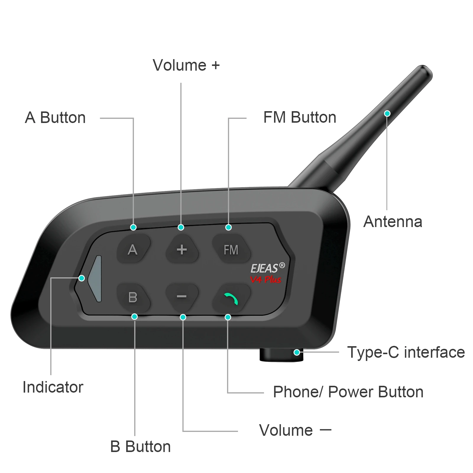 Original EJEAS 1PC Type C V4 Plus Motorcycle Helmet Headset Bluetooth Intercom for 4 Riders Talking At Real Time