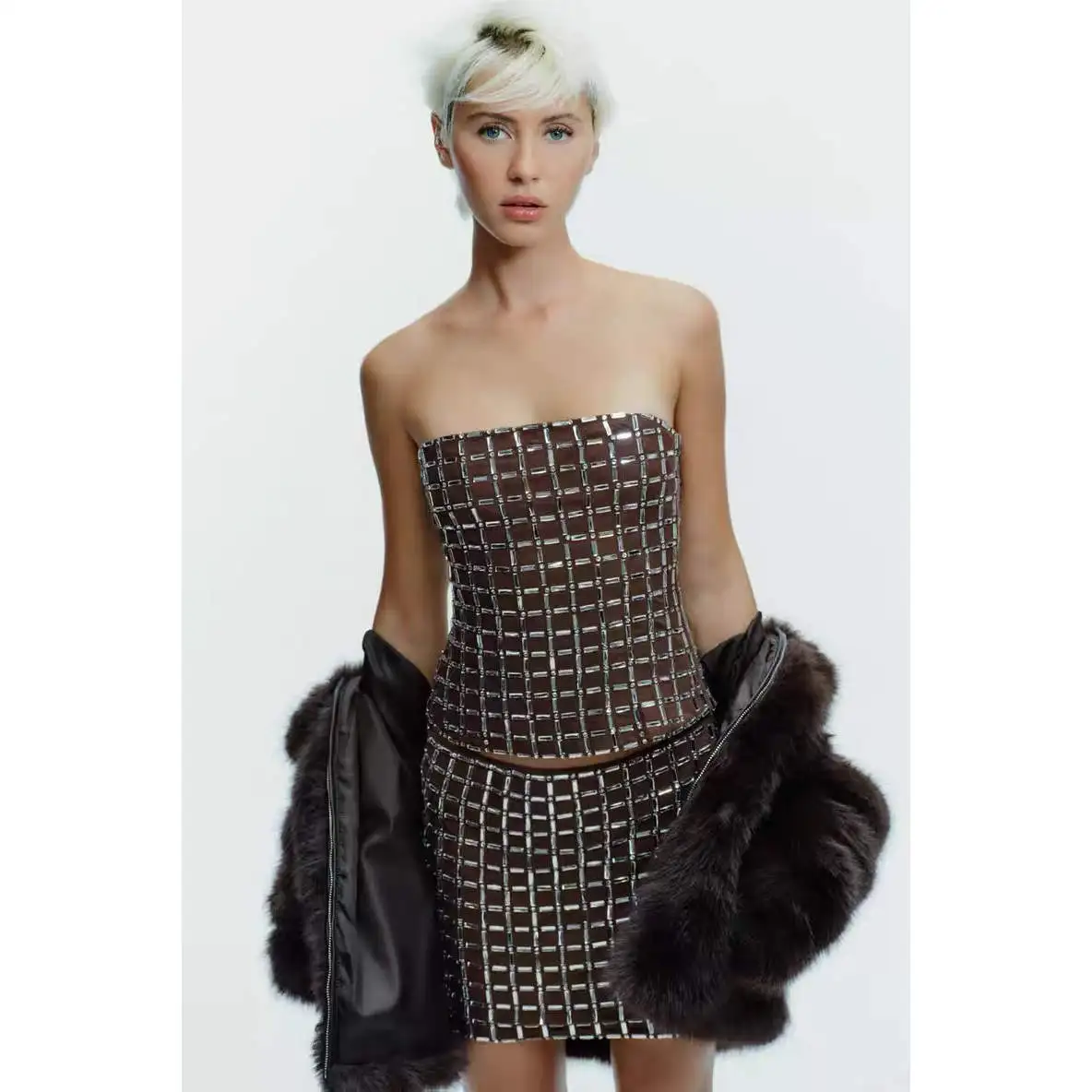 Fashionable Sequin Mesh Tube Top Short Skirt Set Women's Autumn Winter New Arrival Street Style No Sleeve Polyester Fiber