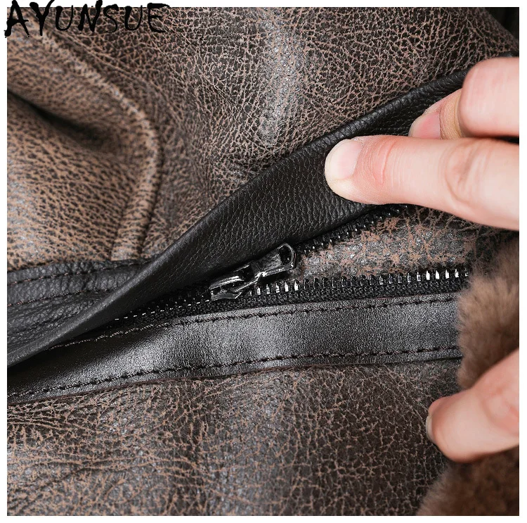AYUNSUE Naturalny Płaszcz z Futra Męski Luksusowy 2025 Z Kapturem Zimowy Średniej Długości Kurtki ze Skóry Naturalnej Owczej Męskie Super Ciepłe Płaszcze z Futra
