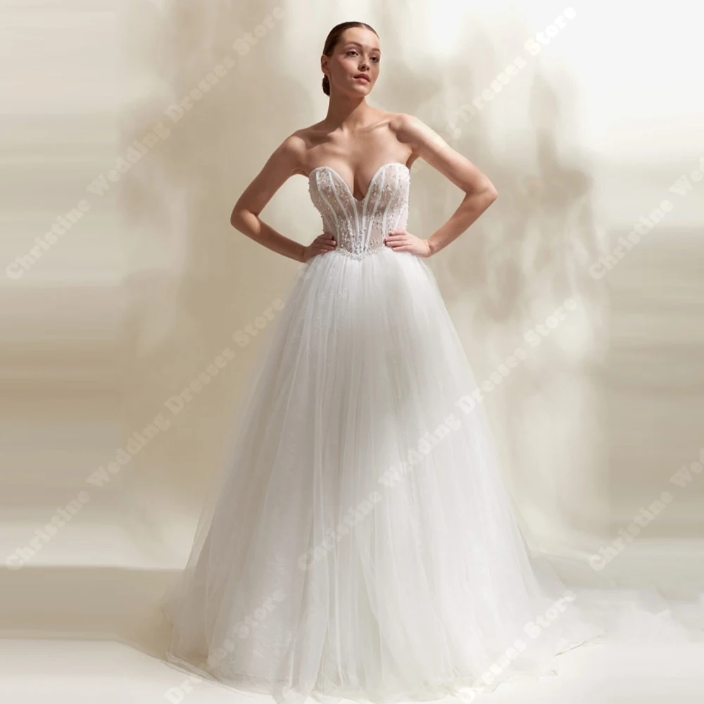 

Sweetheart Collar A-Line Women Bridal Gowns Elegant Tulle Wedding Dresses Mopping Length Beach Ball Vestido De Novias Customized