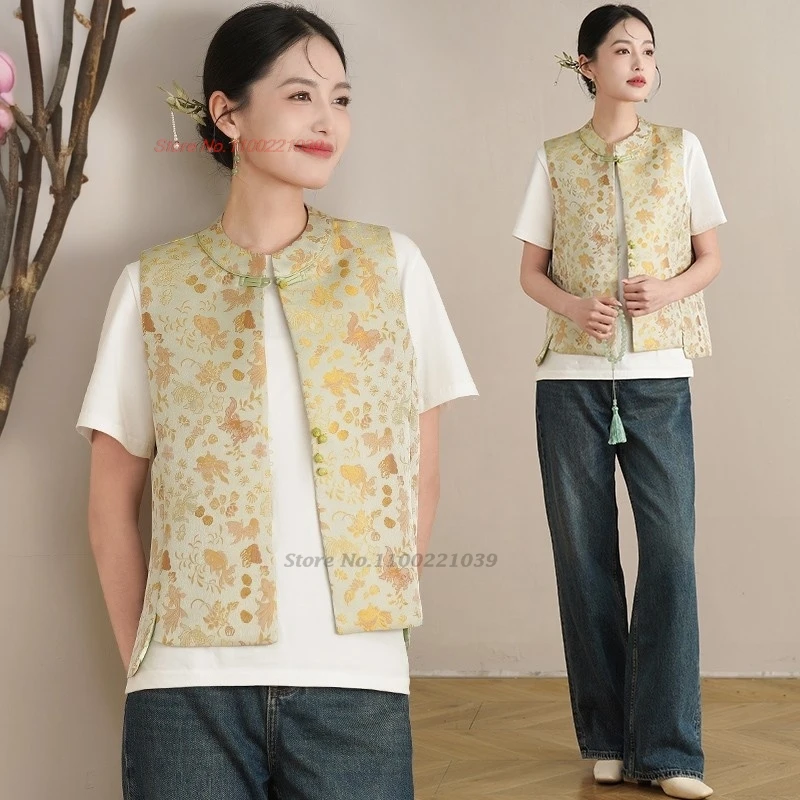 

2025 китайские винтажные топы ханьфу, традиционный этнический жилет, атласный жаккардовый жилет с воротником-стойкой, куртка без рукавов, восточный народный жилет