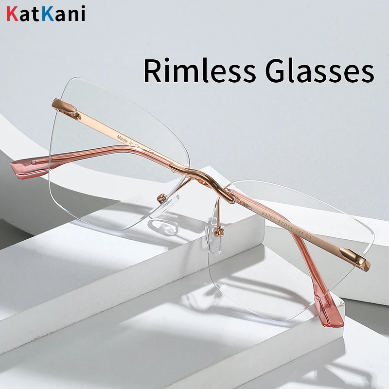 

KatKani New Retro Cat Eye Eyeglasses Frame Women's Ultra-light Fashion Alloy Optical Prescription Rimless Glasses Frames 23001