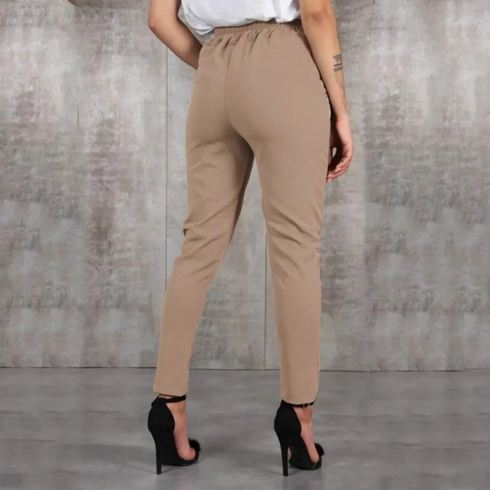 

2024 Casual Women Solid Color Belted Elastic High Waist Harem Pants Long Trousers