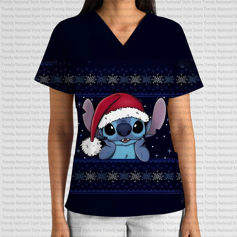 أزياء المرأة الأنيقة العمل موحدة متجمد الأعلى الخامس الرقبة جيب تي شيرت رائعة ديزني عيد الميلاد غرزة تي شيرت مطبوع