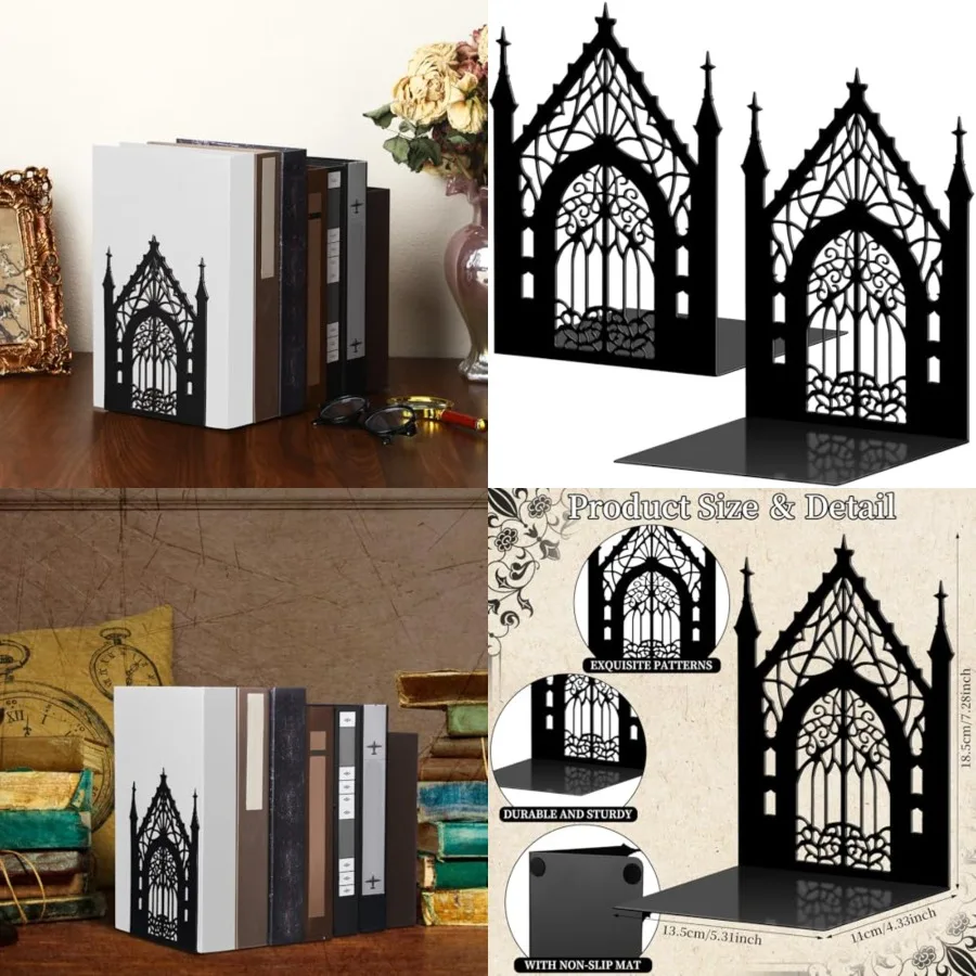 

2 шт. готические металлические подставки для книг для полок, декоративные черные металлические подставки для книг, сверхмощная готическая книжная полка 5,3x4,3x7,3, тяжелые книжные полки