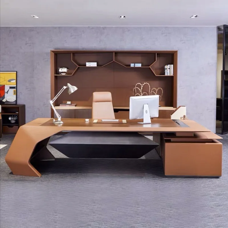 Chairman's solid wood desk painted veneer boss desk Italian saddle leather surface simple