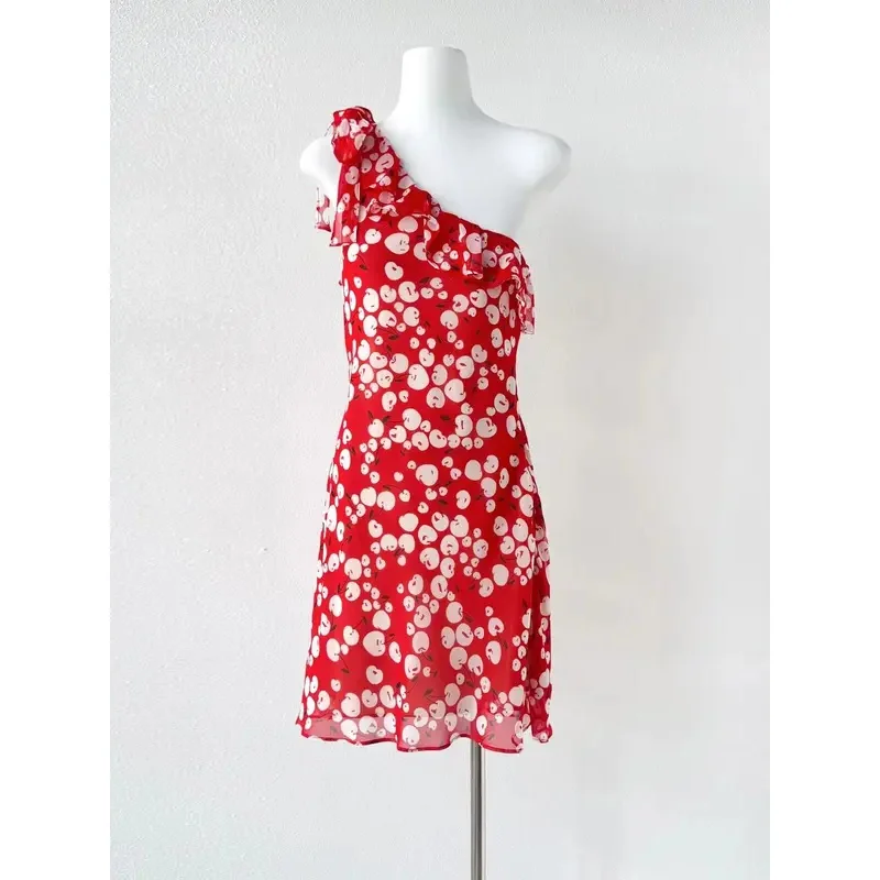 

Cherry Printed Women Red Dress Ruffles Spliced Diagonal Collar Fashion Slim Silk Mini Robe