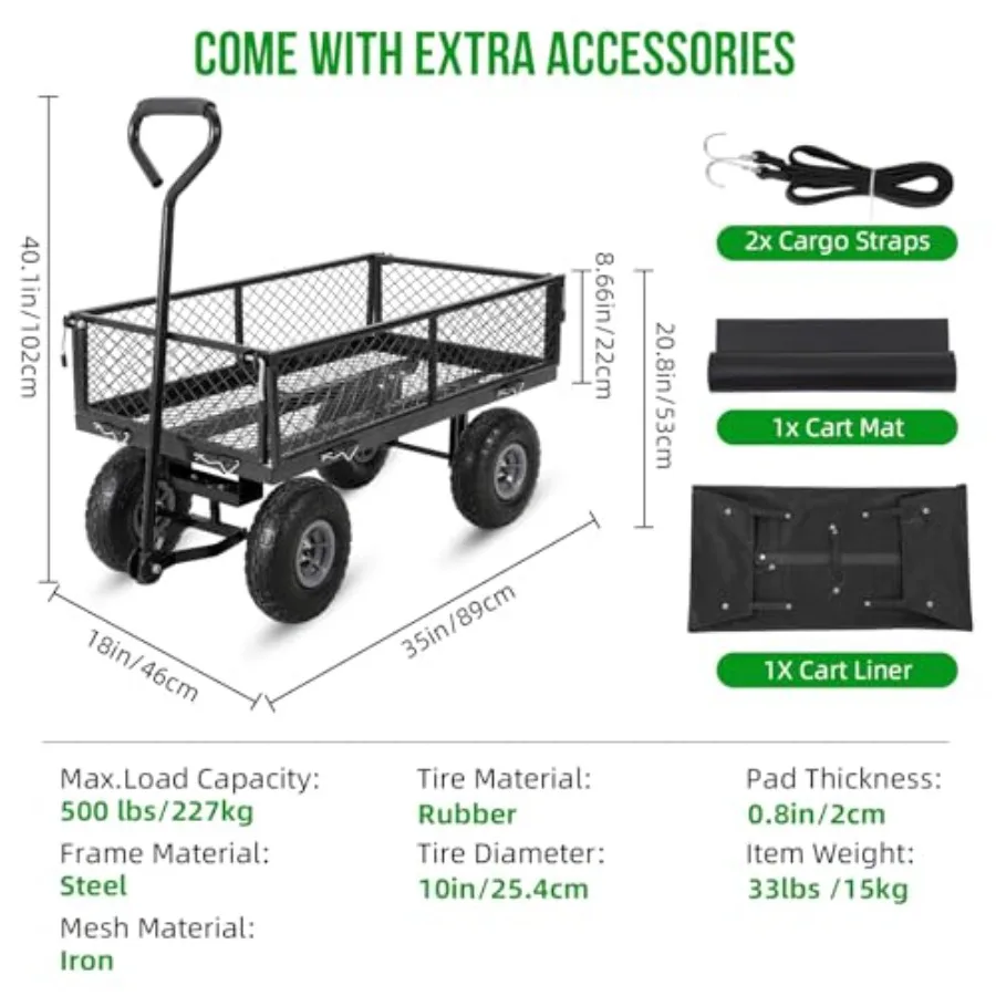 Heavy Duty Steel Garden Cart for Lawn, Garden, Farm Outdoor Hauling Steel, Black, 500 Lbs Capacity, Removable Mesh Sides, 10 In
