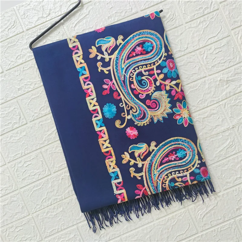 Bufanda de Cachemira bordada para mujer, chal de Pashmina de Cachemira, manta cálida, bufandas, Foulard nacional con flecos, invierno 2023