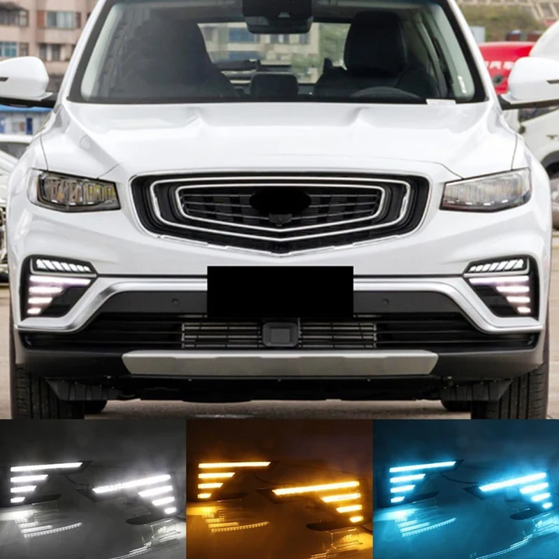 Car LED Daytime Running Light Fog Lamp DRL Yellow Turn Signal Light For Geely Atlas PRO 2019 2020 2021