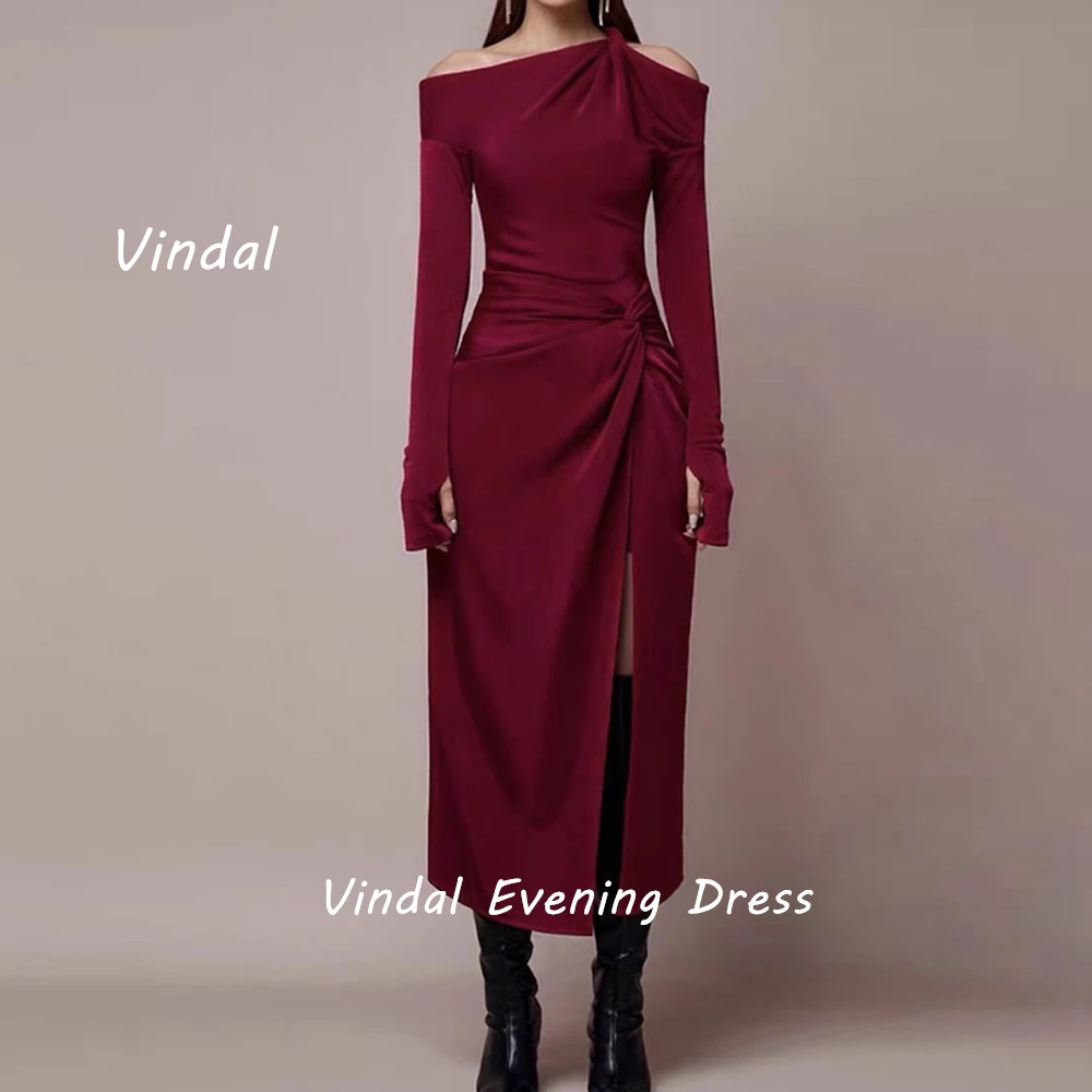 

Vindal Tea length Off-the-shoulder luxurious Straight Ruffle Velour Breast Padding Elegant Long Sleeves السعود For Woman 2024