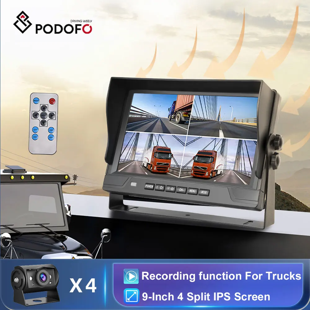 Podofo 4 Split Screens Monitor With 4pcs Infrared Night Vision Reverse cameras With Recording Parking assistant for RV Van bus