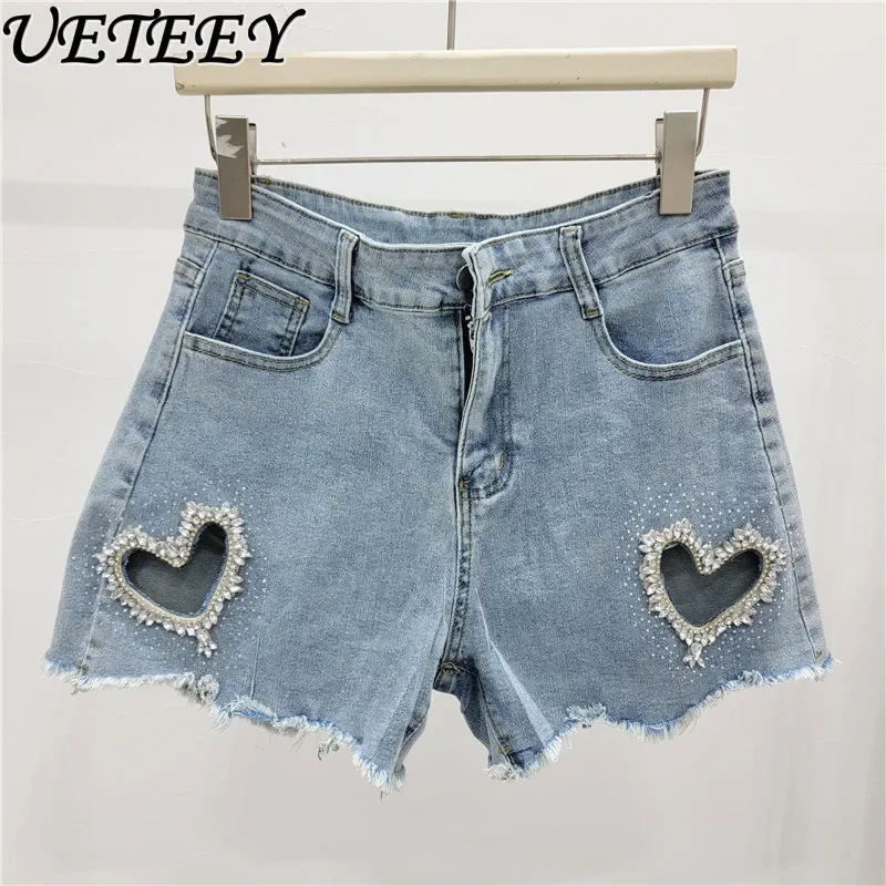 European Goods Summer New Heavy Industry Heart Shape with Diamond Denim Shorts Women's Elastic Slimming Burr Straight Hot Pants