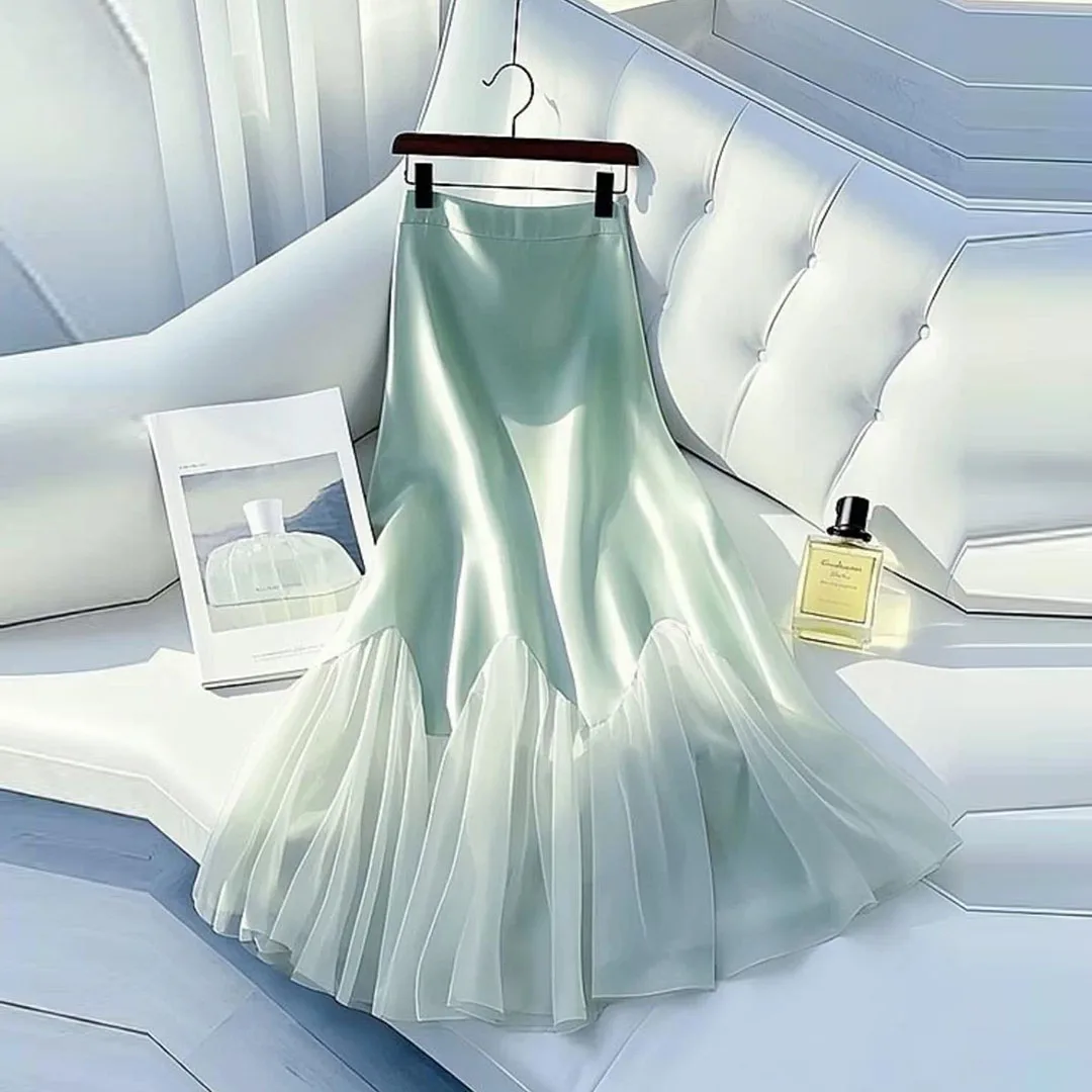 

Elegant Satin Skirt Women's 2025 Spring High-waisted Patchwork A-line Female Skirts Fashion New Clothing Custom Made