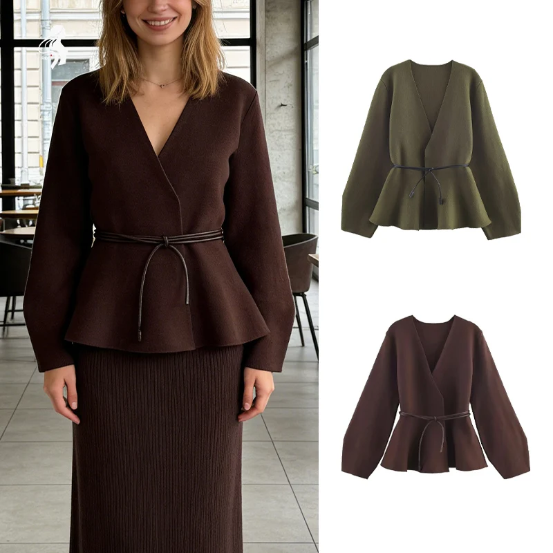 

Woman Clothes Tops V Elegant Knit Cardigan For Women With V Neck Tie Waist And Flared Hem Autumn And Winter Workwear Top