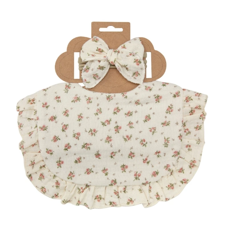 Baby Bib & Bow Headband Ruffle Drooling Bibs for Eating Baby Teething Bib Towel Soft Burp Cloth High Absorbent Drool Bib