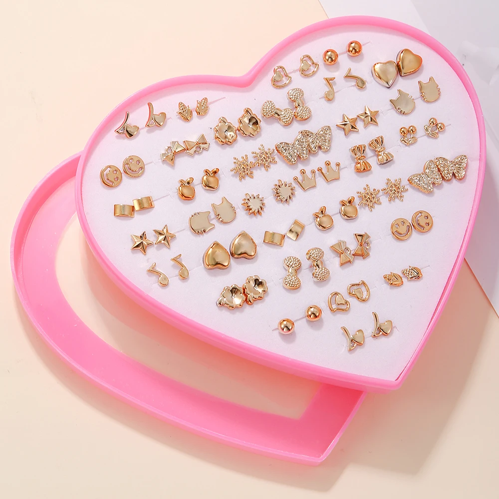 

New Design Random 36 Pairs/Lot Lovely Mini Earing Cute Snowflakes Cat Butterfly Stud Earrings For Girl Fashion Daily Ear Jewelry