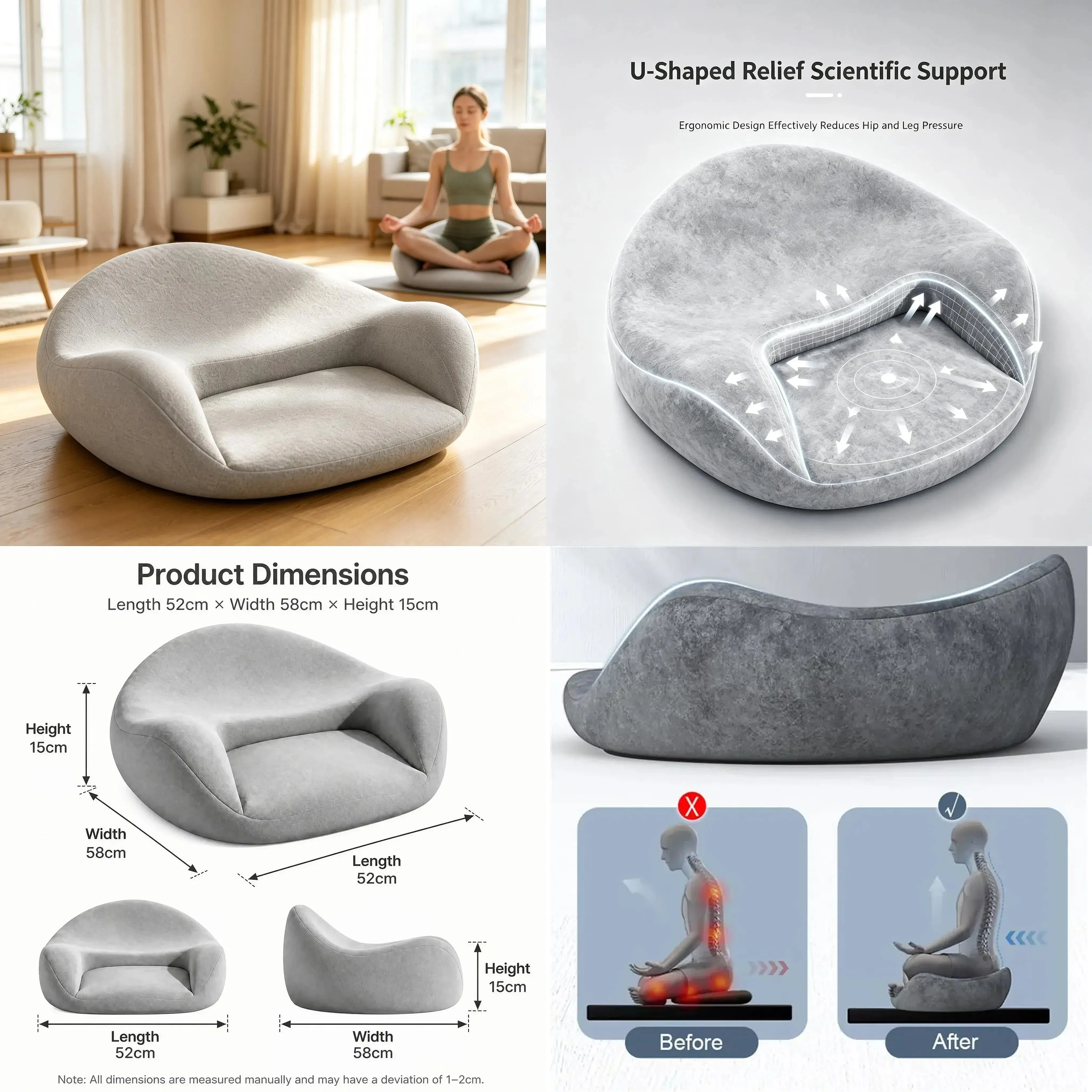 Memory Foam Meditation Cushion with Ergonomic Support Floor Cushion Washable Pillow Cover for Yoga Sitting Reading Hip Knee Leg