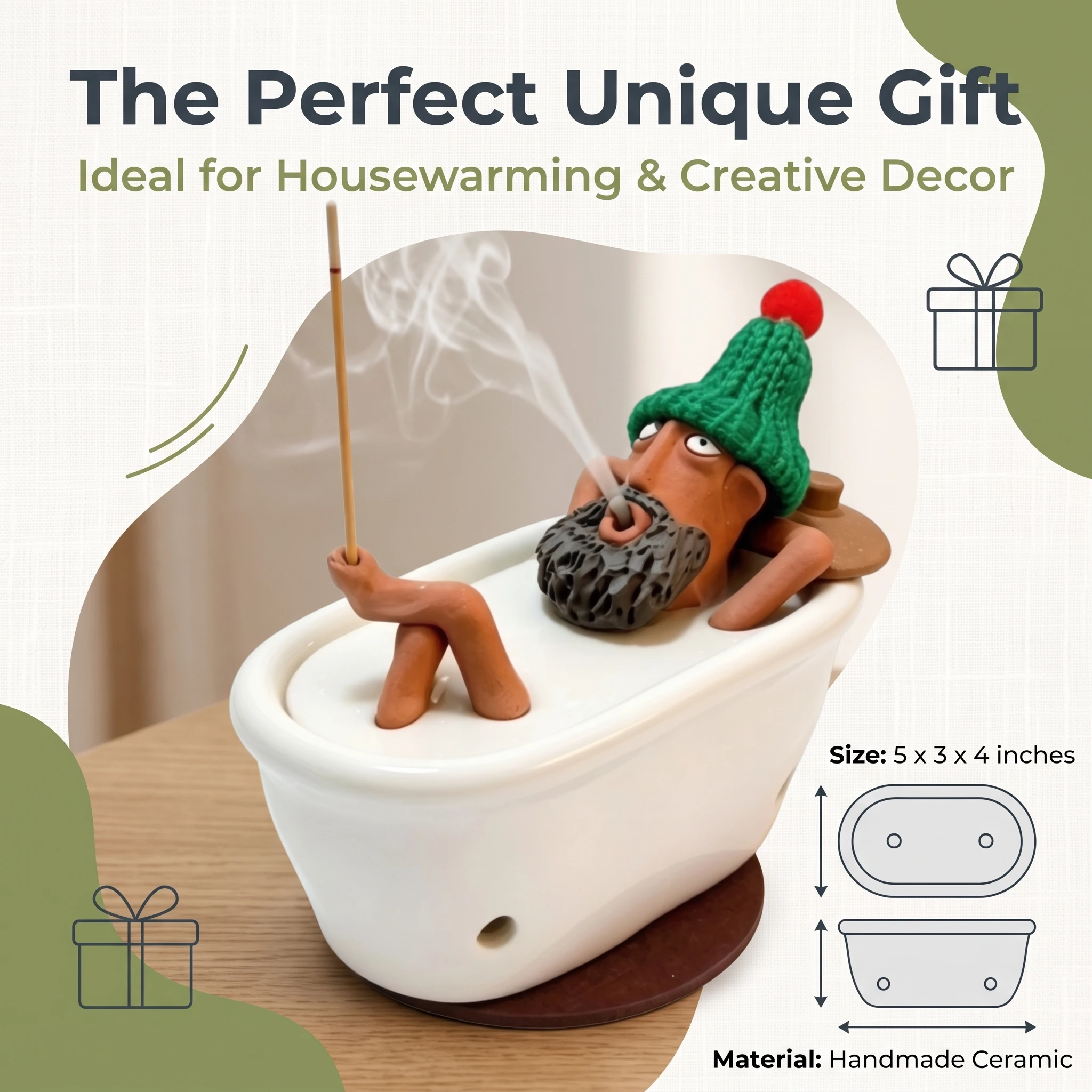 Handmade Ceramic Bathtub Bearded Man Figurine Incense Stick Holder Funny Bath Man Desktop Ornament Housewarming Decor Gift
