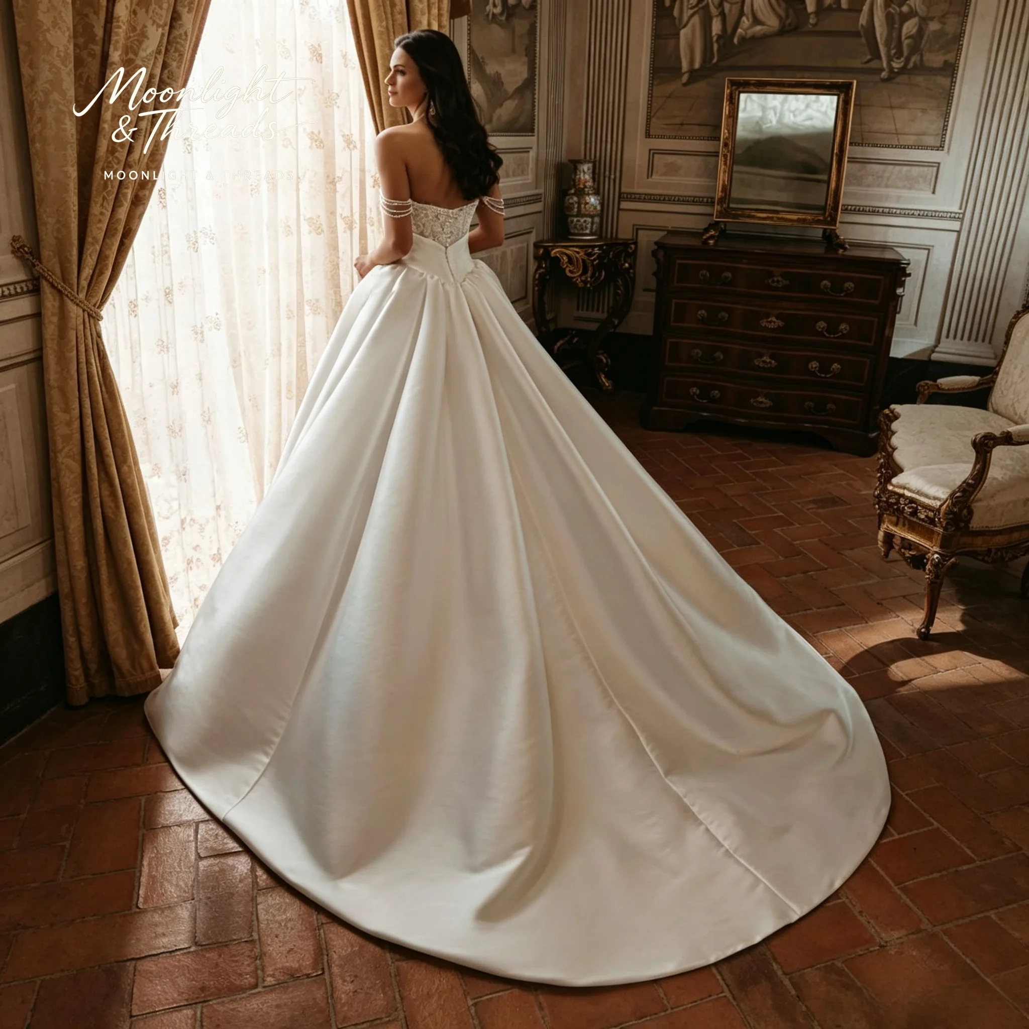 Vintage Royal Off Shoulder Lace Satin Wedding Dress With Corset Bodice And Voluminous Long Train