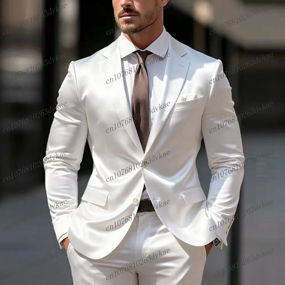 

New White Acetate Satin Men Suit Party Prom Special Business Groom Groomsman Wedding Male Tuxedos 2 Piece Set Blazer Pants