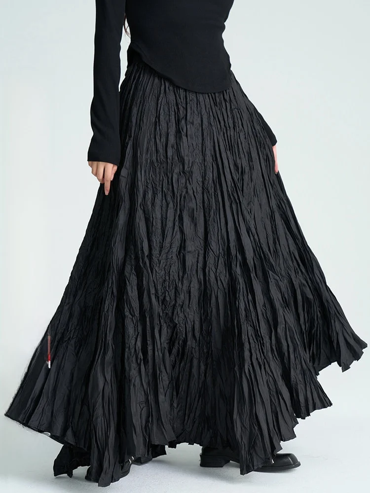 Dark Heavy Industry Design High Waist Black Pleated Skirt Women's Fashion City Commute Polyester Fiber A-Line Skirt