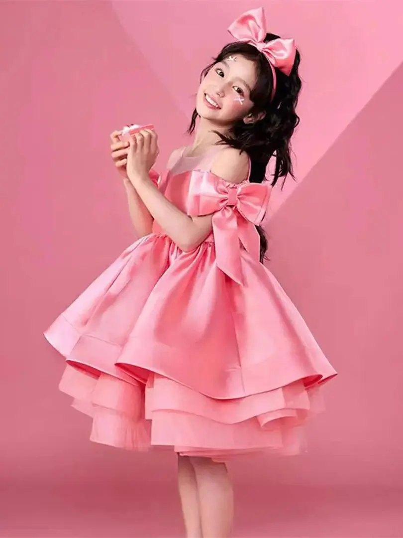 Customized 2025 Pink Flower Girl Dress For Wedding Satin Cute Bow Puffy Elegant Kids Birthday First Communion Ball Gown